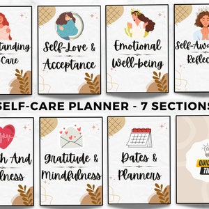 Puede incluir: Un planificador de autocuidado imprimible con 7 secciones: Entender el autocuidado, Amor propio y aceptaci&oacute;n, Bienestar emocional, Reflexi&oacute;n sobre la conciencia de s&iacute; mismo, Salud y bienestar, Gratitud y atenci&oacute;n plena, Fechas y planificadores. Cada secci&oacute;n tiene una ilustraci&oacute;n colorida y texto.