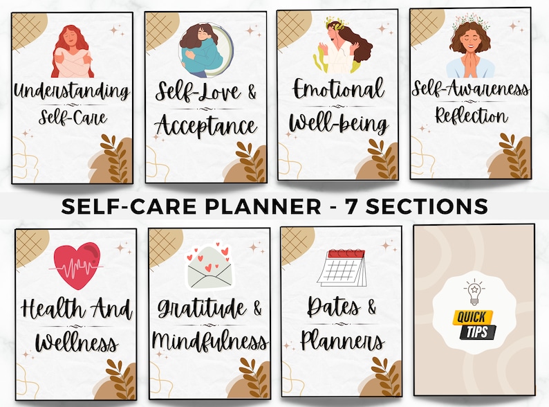 Puede incluir: Un planificador de autocuidado imprimible con 7 secciones: Entender el autocuidado, Amor propio y aceptaci&oacute;n, Bienestar emocional, Reflexi&oacute;n sobre la conciencia de s&iacute; mismo, Salud y bienestar, Gratitud y atenci&oacute;n plena, Fechas y planificadores. Cada secci&oacute;n tiene una ilustraci&oacute;n colorida y texto.