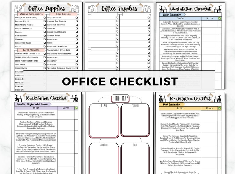 Peut inclure: Une liste de contr&ocirc;le imprimable pour l'am&eacute;nagement d'un espace de travail. La liste de contr&ocirc;le comprend des sections pour les fournitures de bureau, l'&eacute;valuation de la chaise et du bureau, ainsi que la configuration du moniteur, du clavier et de la souris. La liste de contr&ocirc;le est con&ccedil;ue pour aider &agrave; cr&eacute;er un espace de travail confortable et ergonomique.
