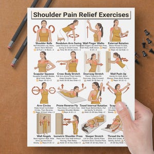 May include: A white poster titled "Shoulder Pain Relief Exercises" with illustrated instructions for various shoulder stretches. The poster is held by a hand, and includes text and diagrams for each exercise.
