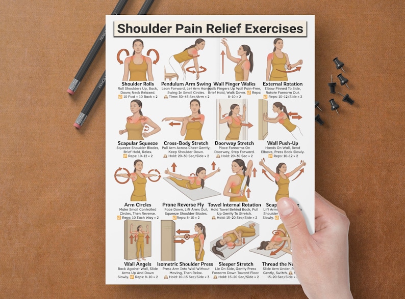 May include: A white poster titled "Shoulder Pain Relief Exercises" with illustrated instructions for various shoulder stretches. The poster is held by a hand, and includes text and diagrams for each exercise.