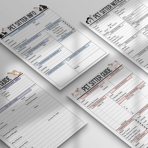 May include: Printable pet sitter guide forms featuring cute cartoon animals. The forms include sections for pet information, veterinary details, daily routine, feeding schedule, and personality traits.