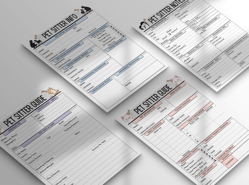 May include: Printable pet sitter guide forms featuring cute cartoon animals. The forms include sections for pet information, veterinary details, daily routine, feeding schedule, and personality traits.