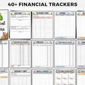May include: A printable set of 40+ financial trackers with a whimsical design. The trackers include categories such as investment, retirement funds, expense, bills, wishlist, subscription tracker, purchase, online purchase tracker, donation, cash envelope tracker, emergency funds, medical expenses, upcoming expenditure, and yearly bill checklist.