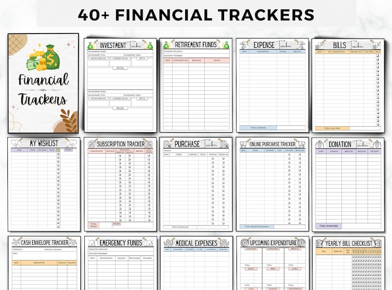 May include: A printable set of 40+ financial trackers with a whimsical design. The trackers include categories such as investment, retirement funds, expense, bills, wishlist, subscription tracker, purchase, online purchase tracker, donation, cash envelope tracker, emergency funds, medical expenses, upcoming expenditure, and yearly bill checklist.