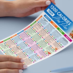 Puede incluir: Un colorido plan de comidas de 1200 calor&iacute;as para 7 d&iacute;as. El plan lo sostiene una persona. El plan incluye un programa de comidas diario detallado con opciones de desayuno, almuerzo, cena y refrigerios. El plan tiene un encabezado azul y blanco con el texto "1200 Calories Meal Plan".
