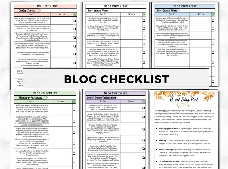 May include: A checklist for creating and promoting a blog. The checklist is divided into sections: Getting Started, Pre-Launch Phase, Pre-Launch Phase, Writing & Publishing, Search Engine Optimization, and Guest Blog Post. Each section has a list of to-do items with checkboxes.