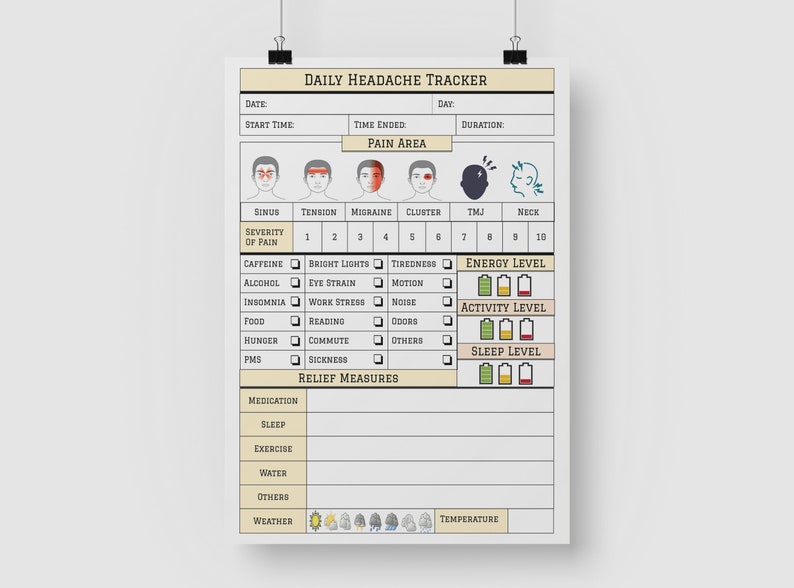 May include: A printable daily headache tracker with sections for recording the date, start time, time ended, duration, pain area, severity of pain, triggers, energy level, activity level, sleep level, relief measures, and temperature. The tracker includes a visual scale for rating pain severity, energy, activity, and sleep levels.