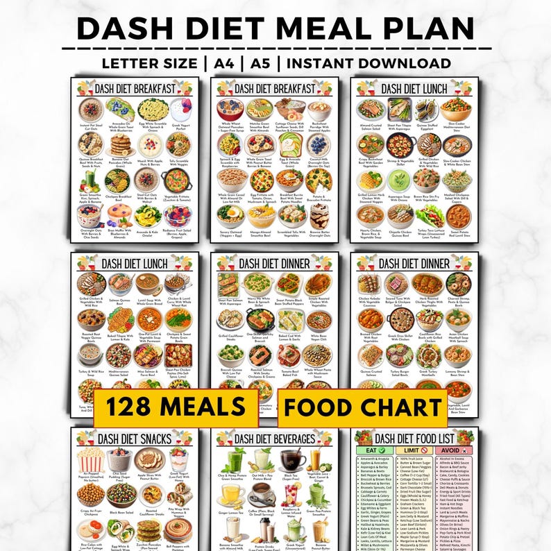 Puede incluir: Un plan de comidas imprimible de la dieta DASH con el texto "DASH DIET MEAL PLAN" en la parte superior. El plan incluye desayuno, almuerzo, cena, snacks, bebidas y una lista de alimentos. Ofrece 128 comidas y est&aacute; disponible en tama&ntilde;os carta, A4 y A5.