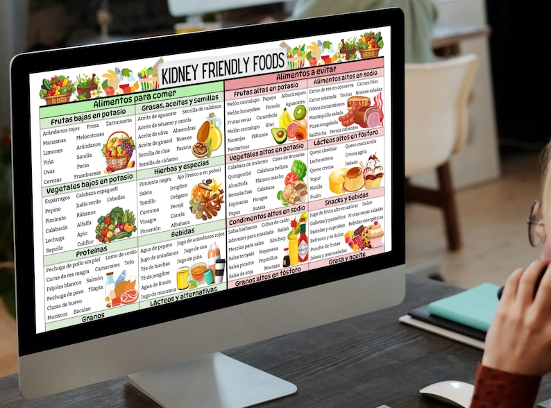 Puede incluir: Una pantalla de ordenador que muestra una tabla de alimentos buenos para los ri&ntilde;ones en espa&ntilde;ol. La tabla enumera los alimentos para comer y los alimentos para evitar, clasificados por frutas, verduras, prote&iacute;nas, granos, etc.
