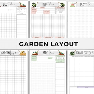 May include: Printable garden planning worksheets with a whimsical garden theme. The worksheets include sections for bed plans, plot plans, and square foot gardening.