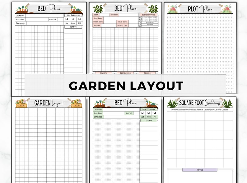 May include: Printable garden planning worksheets with a whimsical garden theme. The worksheets include sections for bed plans, plot plans, and square foot gardening.
