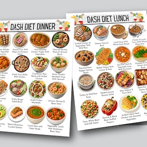 Puede incluir: Dos tableros ilustrados de men&uacute; de dieta DASH, uno para la cena y otro para el almuerzo. Cada tablero muestra varias opciones de comidas saludables con im&aacute;genes coloridas y descripciones de texto, como brochetas de pollo, cuencos de quinoa con salm&oacute;n y sopa de lentejas.