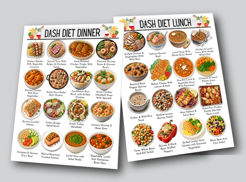 Puede incluir: Dos tableros ilustrados de men&uacute; de dieta DASH, uno para la cena y otro para el almuerzo. Cada tablero muestra varias opciones de comidas saludables con im&aacute;genes coloridas y descripciones de texto, como brochetas de pollo, cuencos de quinoa con salm&oacute;n y sopa de lentejas.