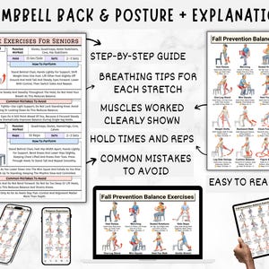 May include: A detailed guide on dumbbell exercises for back and posture, including balance exercises for seniors. The poster features step-by-step instructions, breathing tips, and common mistakes to avoid. The layout is easy to read, with clear illustrations.
