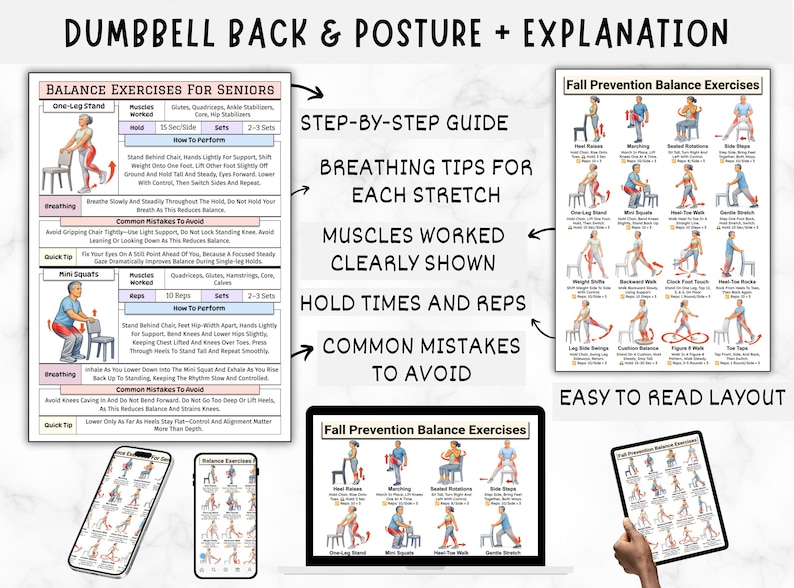 May include: A detailed guide on dumbbell exercises for back and posture, including balance exercises for seniors. The poster features step-by-step instructions, breathing tips, and common mistakes to avoid. The layout is easy to read, with clear illustrations.