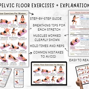 May include: A guide titled "Pelvic Floor Exercises for Women" with step-by-step instructions, breathing tips, and muscle diagrams. The guide is displayed on a poster, laptop, tablet, and smartphone. The layout is easy to read.