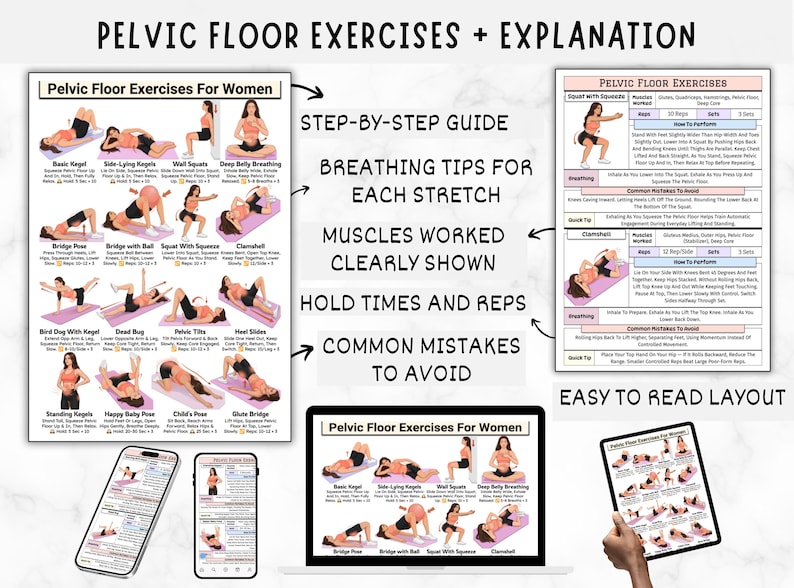 May include: A guide titled "Pelvic Floor Exercises for Women" with step-by-step instructions, breathing tips, and muscle diagrams. The guide is displayed on a poster, laptop, tablet, and smartphone. The layout is easy to read.