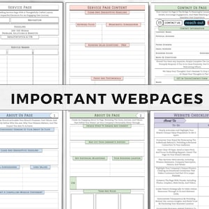 May include: A detailed infographic with sections for website pages, including 'Service Page,' 'About Us Page,' and 'Contact Us Page.' The design features a clean layout with text boxes and checklists, ideal for web design planning.