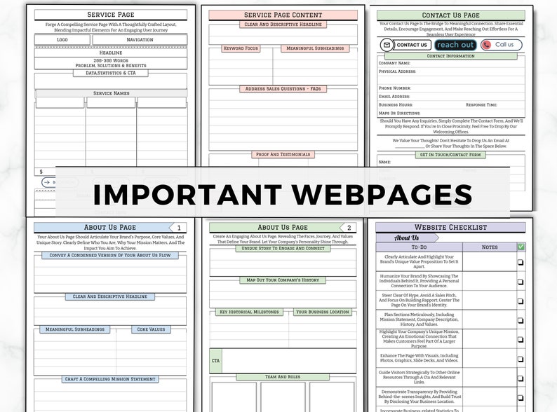 May include: A detailed infographic with sections for website pages, including 'Service Page,' 'About Us Page,' and 'Contact Us Page.' The design features a clean layout with text boxes and checklists, ideal for web design planning.