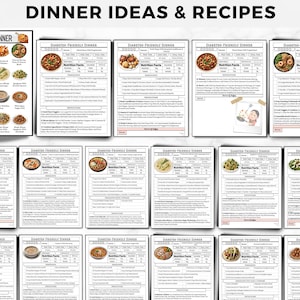 May include: A printable worksheet with 12 different diabetic-friendly dinner ideas. Each dinner idea includes a photo of the meal, a list of ingredients, and nutritional information.
