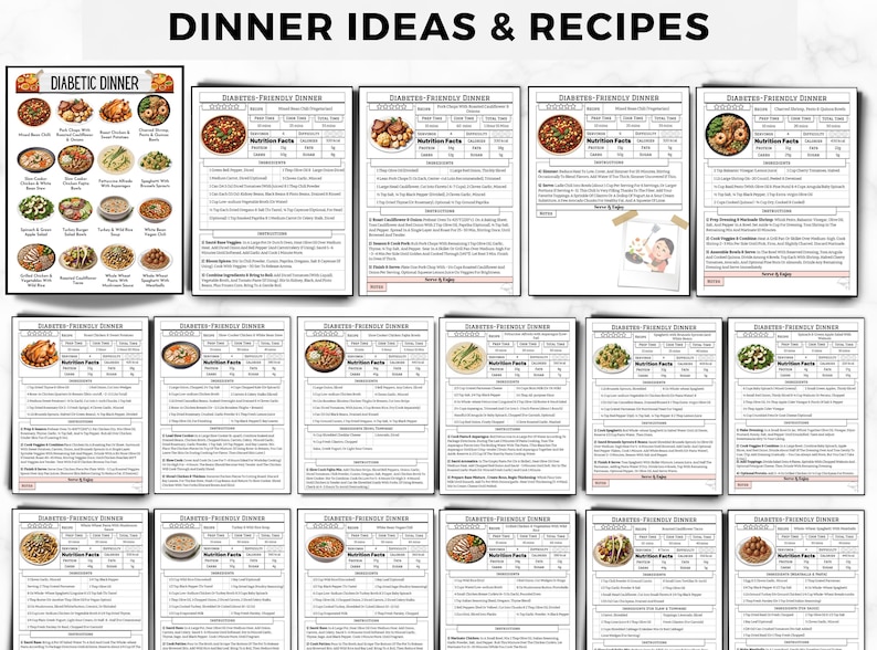 May include: A printable worksheet with 12 different diabetic-friendly dinner ideas. Each dinner idea includes a photo of the meal, a list of ingredients, and nutritional information.