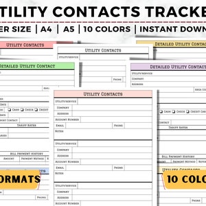 Printable Utility Contacts, Utility Service Address Book, Utility Information Tracker, Utility Providers Contact List, Household Organizer