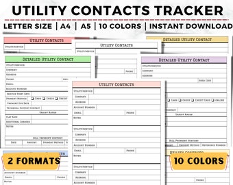 May include: Printable utility contacts tracker in two formats, with 10 color options. The tracker includes sections for utility service, company, address, phone, email, account number, service start date, payment method, payment due date, technical support contact, tariff rates, flat rate, additional charges, notes, and bill payment history.