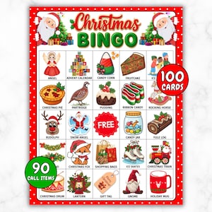 May include: A festive Christmas Bingo game card with a red border and white polka dots. The card features illustrations of Christmas-themed items like a reindeer, angel, and candy cane. Text includes "Christmas Bingo", "100 Cards", and "90 Call Items".