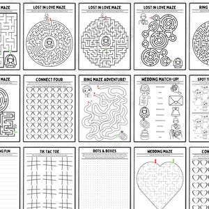 May include: A printable wedding activity booklet with 12 different games and puzzles, including mazes, connect four, and spot the difference. The booklet is black and white and features a wedding theme.