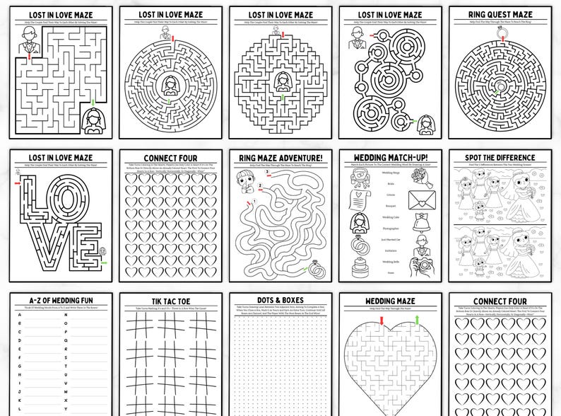 May include: A printable wedding activity booklet with 12 different games and puzzles, including mazes, connect four, and spot the difference. The booklet is black and white and features a wedding theme.