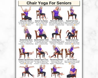 Chair Yoga For Seniors Weight Loss, Seated Exercise Chart for Elderly & Beginners, Printable Balance Fall Prevention Flexibility PDF Poster