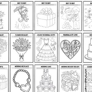 May include: A set of ten printable wedding-themed coloring pages. The pages feature a variety of designs, including a bride and groom, a wedding cake, a flower bouquet, and a heart with the words "I love you".