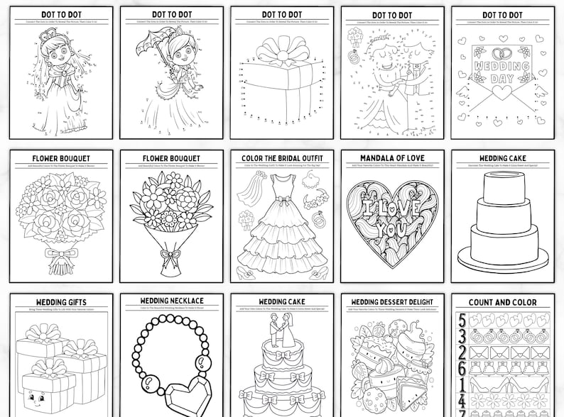 May include: A set of ten printable wedding-themed coloring pages. The pages feature a variety of designs, including a bride and groom, a wedding cake, a flower bouquet, and a heart with the words "I love you".