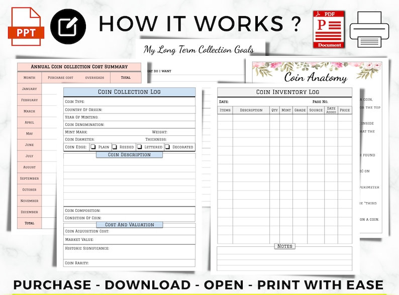 May include: Printable coin collection log and inventory log pages. The log pages are designed to track coin details, purchase costs, and inventory. The inventory log has columns for date, item, description, quantity, mint, grade, source, date acquired, and price. The pages have a floral design.