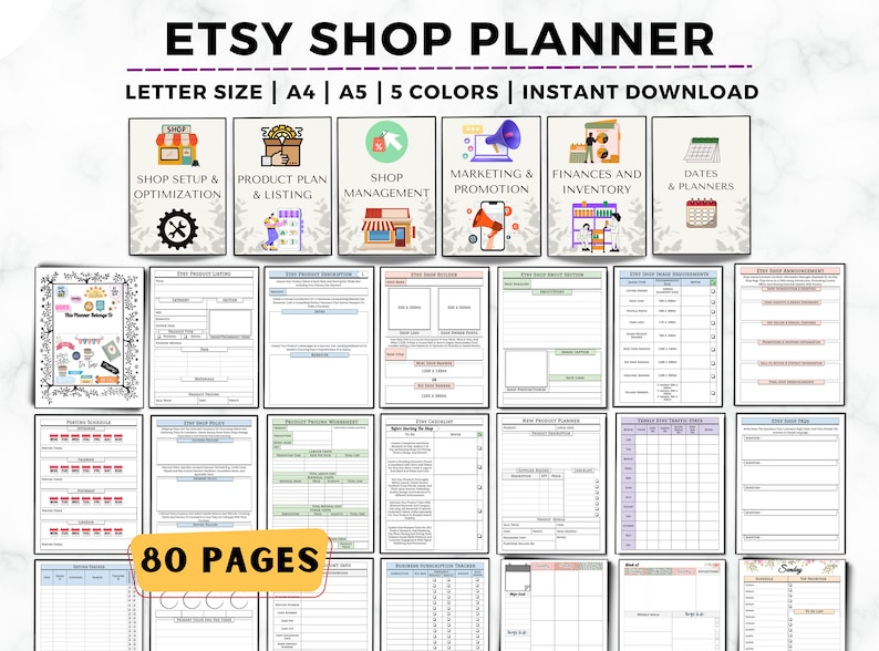 May include: An Etsy shop planner with 80 pages, designed to help Etsy sellers organise their business. The planner includes sections for shop setup and optimisation, product planning and listing, shop management, marketing and promotion, finances and inventory, and dates and planners. The planner is available in letter size, A4, and A5, and comes in five colours.