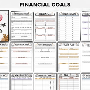 May include: A printable financial goal planner with sections for monthly, weekly, and yearly financial reviews, a wealth plan, future goals, a checkbook register, a weekly expense log, quarterly bills tracker, bank account, and monthly spending.