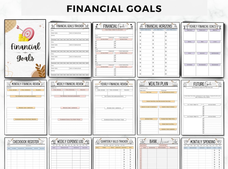 May include: A printable financial goal planner with sections for monthly, weekly, and yearly financial reviews, a wealth plan, future goals, a checkbook register, a weekly expense log, quarterly bills tracker, bank account, and monthly spending.