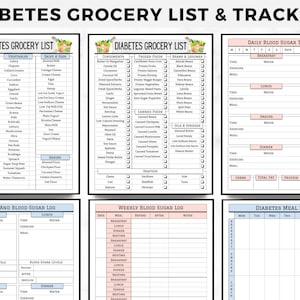 May include: A printable diabetes grocery list and tracker set with pink and blue accents. The set includes a grocery list, a daily blood sugar tracker, a food and blood sugar log, a weekly blood sugar log, and a diabetes meal plan.