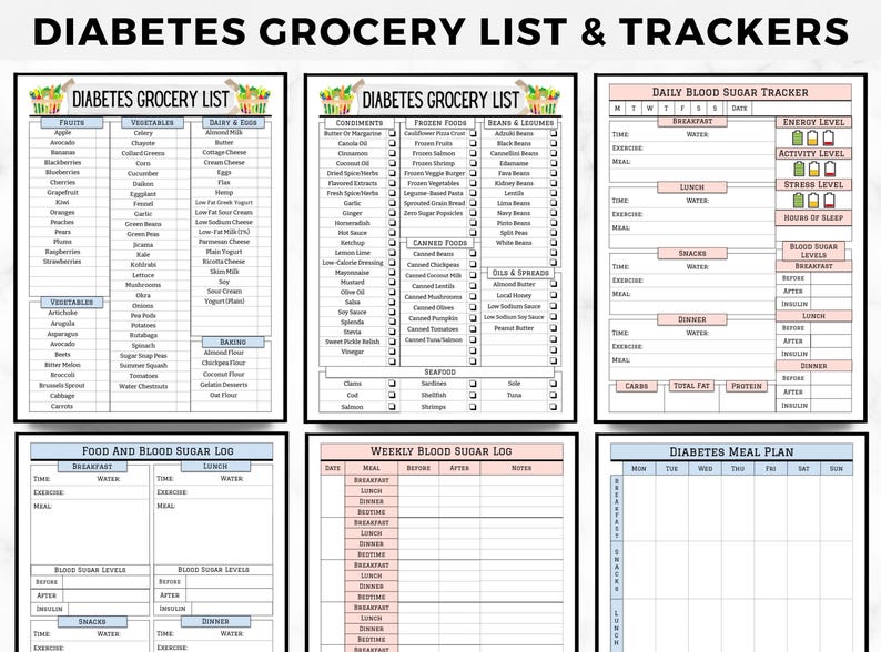 May include: A printable diabetes grocery list and tracker set with pink and blue accents. The set includes a grocery list, a daily blood sugar tracker, a food and blood sugar log, a weekly blood sugar log, and a diabetes meal plan.