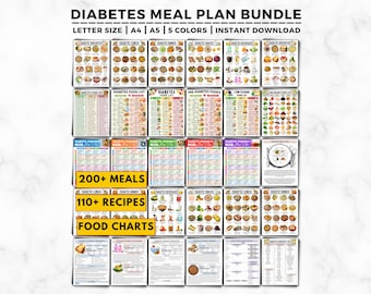 Diabetes Meal Planner Mega Bundle, 200+ Meals, 110+ Recipes, 10+ Food Chart, Diabetic Diet Grocery List, Low Glycemic, Blood Sugar Tracker