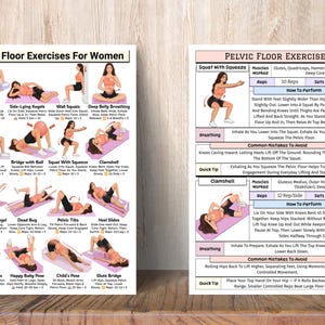May include: Two exercise charts on a wooden surface. The left chart is titled "Pelvic Floor Exercises For Women" and illustrates various exercises. The right chart details specific exercises, including "Squat With Squeeze" and "Clamshell", with instructions and diagrams.
