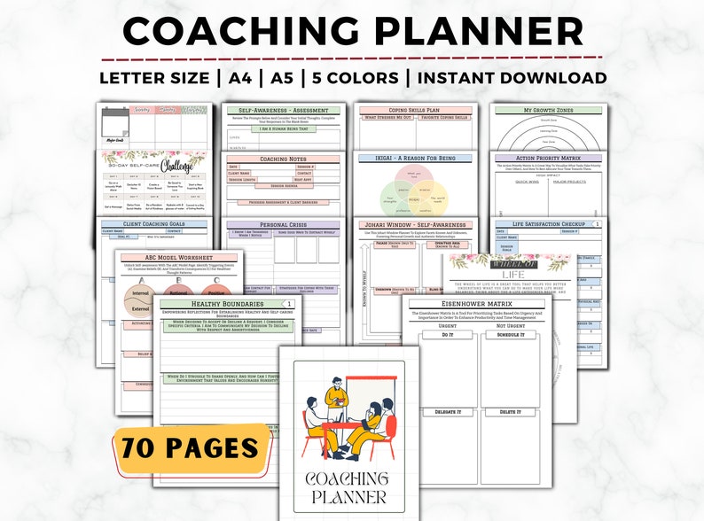K&ouml;nnte beinhalten: Ein druckbarer Coaching-Planer mit 70 Seiten, mit Arbeitsbl&auml;ttern und Vorlagen f&uuml;r Selbstbewusstsein, Zielsetzung und pers&ouml;nliches Wachstum. Der Planer ist in f&uuml;nf Farben erh&auml;ltlich und in den Formaten Letter, A4 und A5 verf&uuml;gbar.