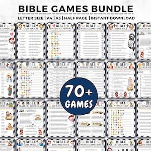 May include: A digital bundle of printable Bible games featuring over 70 activity sheets with titles like Bible Minute to Win, Bible Emoji Pictionary, and Bible Trivia Game. The pages include colorful illustrations, lists, and checkboxes.
