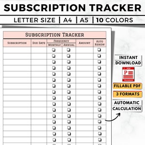 Subscription Tracker Printable, Editable Subscriptions Log, Membership Tracking, Monthly Subscription Checklist, Subscription Template