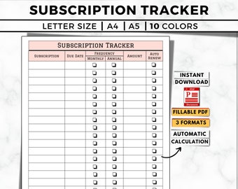 Tracker di abbonamento stampabile, registro modificabile, calcolo automatico (download digitale)