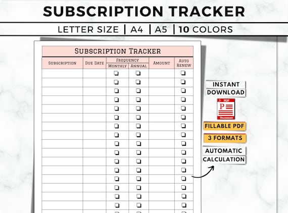 Subscription Tracker Printable, Editable Log, Auto-Calculation (Digital Download)