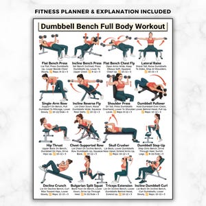 May include: A fitness planner showing a dumbbell bench full-body workout. The poster features diagrams of exercises like flat bench press, incline bench press, chest fly, lateral raise, single-arm row, and others. The text at the top says "Fitness Planner & Explanation Included."