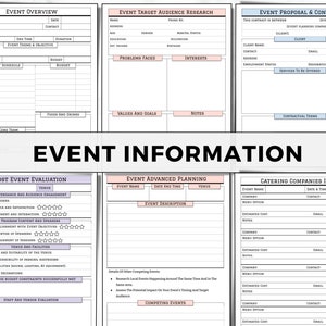 May include: A detailed event planning template with sections for event overview, target audience research, proposal, and post-event evaluation. Includes spaces for notes, budget, and vendor information. The text "EVENT INFORMATION" is prominently displayed.
