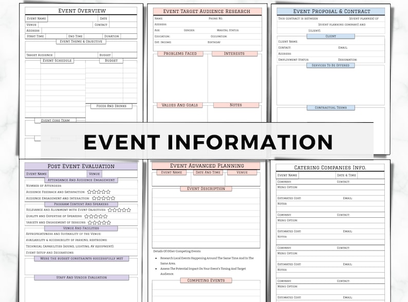 May include: A detailed event planning template with sections for event overview, target audience research, proposal, and post-event evaluation. Includes spaces for notes, budget, and vendor information. The text "EVENT INFORMATION" is prominently displayed.